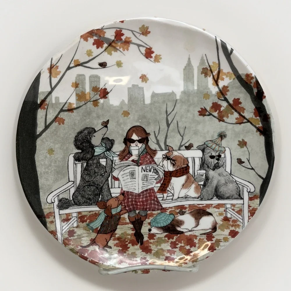Pier 1 LAZY SUNDAY PUPS Ironstone Plate Autumn NYC Park Poodle Set of 2